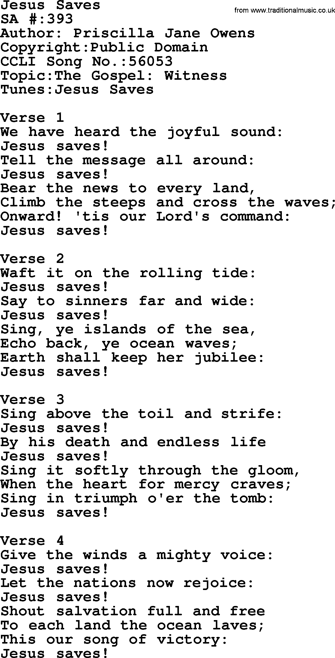 Salvation Army Hymnal, title: Jesus Saves, with lyrics and PDF,