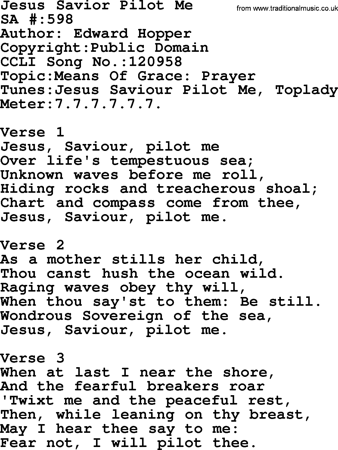 Salvation Army Hymnal, title: Jesus Savior Pilot Me, with lyrics and PDF,