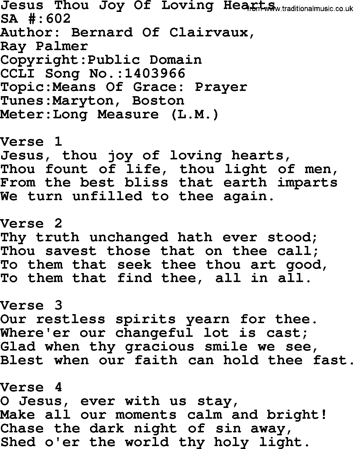 Salvation Army Hymnal, title: Jesus Thou Joy Of Loving Hearts, with lyrics and PDF,