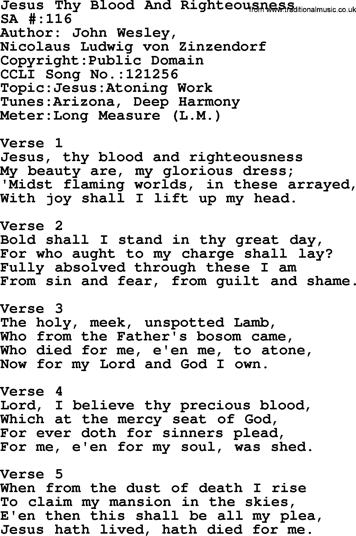 Salvation Army Hymnal, title: Jesus Thy Blood And Righteousness, with lyrics and PDF,