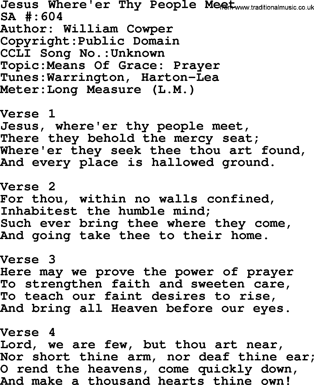 Salvation Army Hymnal, title: Jesus Where'er Thy People Meet, with lyrics and PDF,