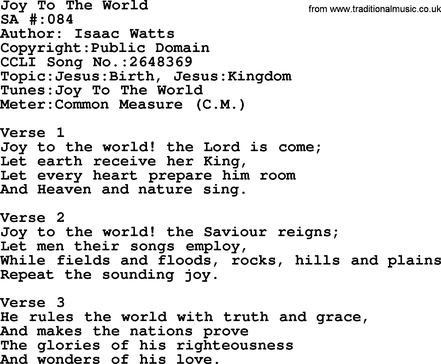 Salvation Army Hymnal, title: Joy To The World, with lyrics and PDF,