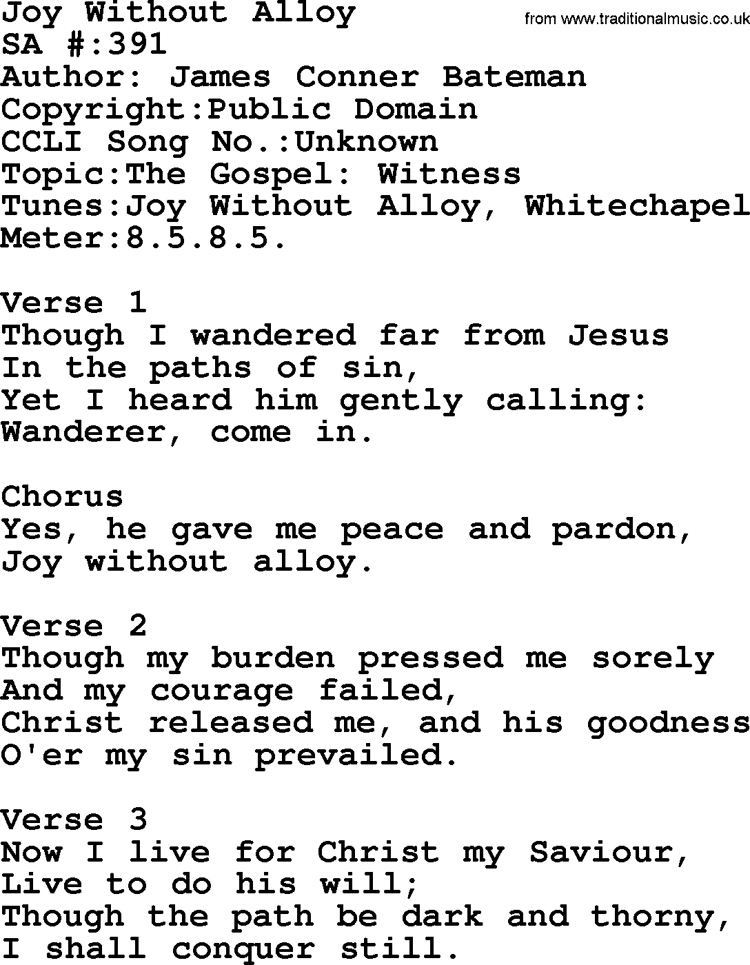 Salvation Army Hymnal, title: Joy Without Alloy, with lyrics and PDF,