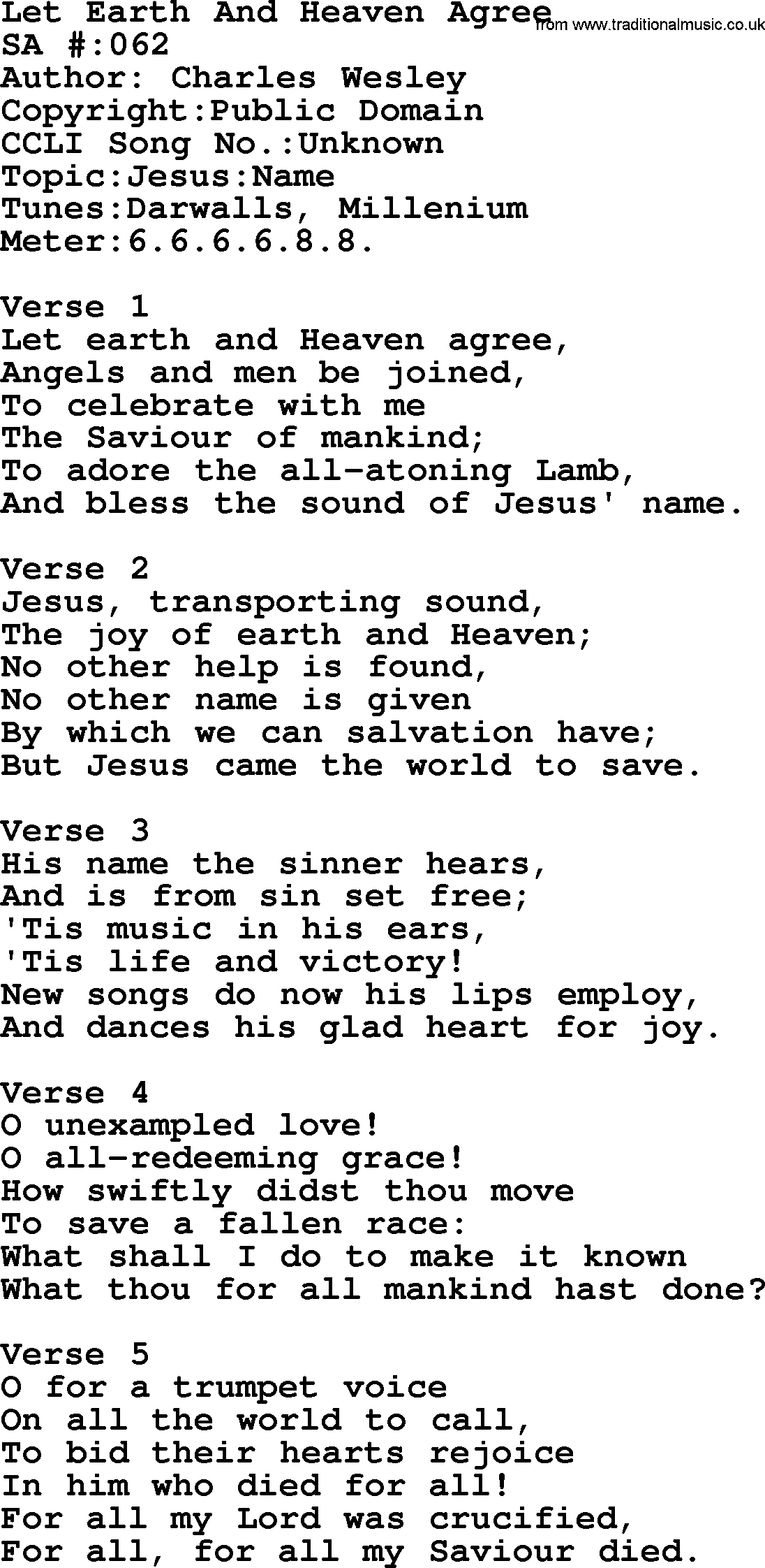 Salvation Army Hymnal, title: Let Earth And Heaven Agree, with lyrics and PDF,