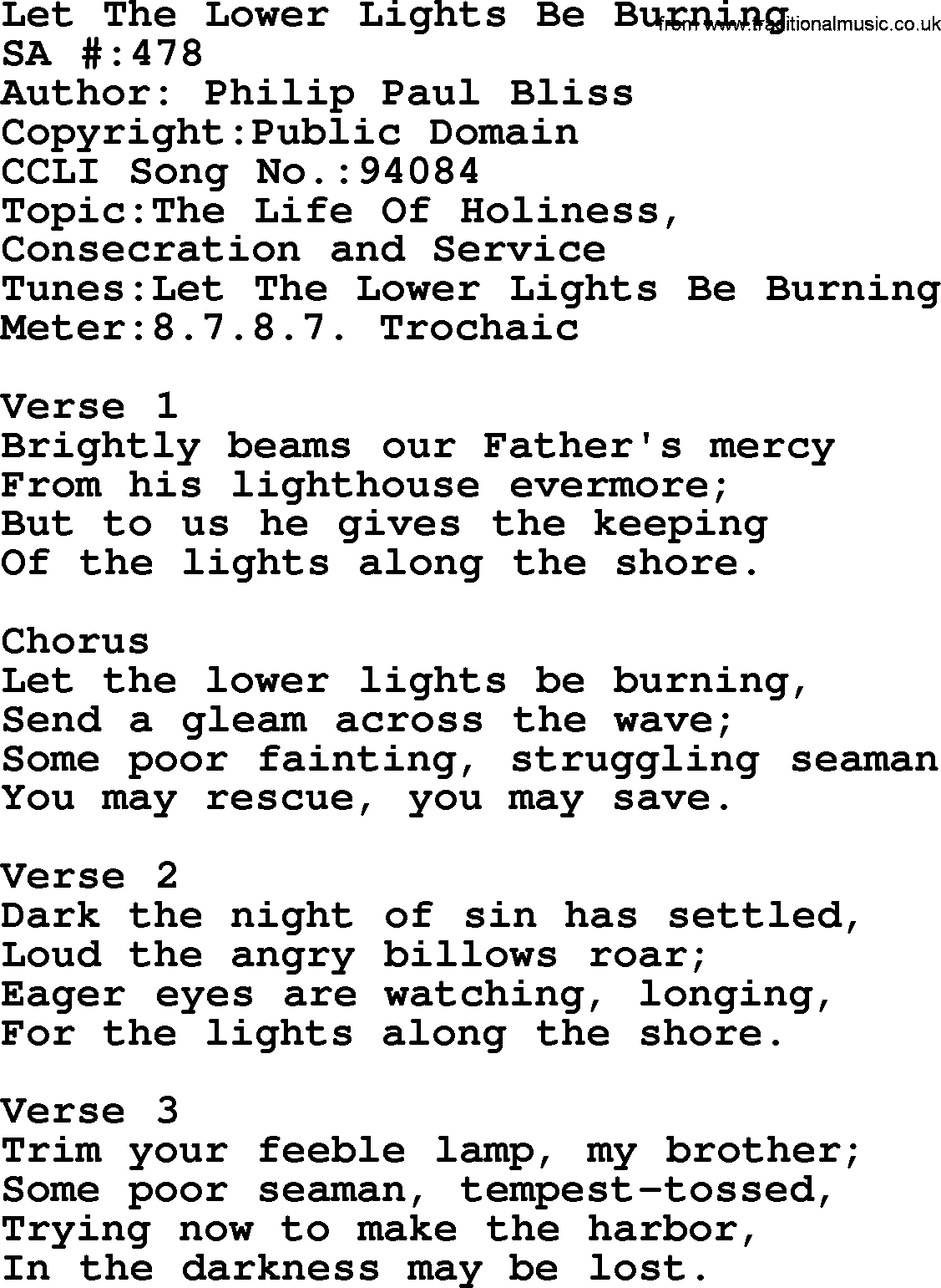 Salvation Army Hymnal, title: Let The Lower Lights Be Burning, with lyrics and PDF,