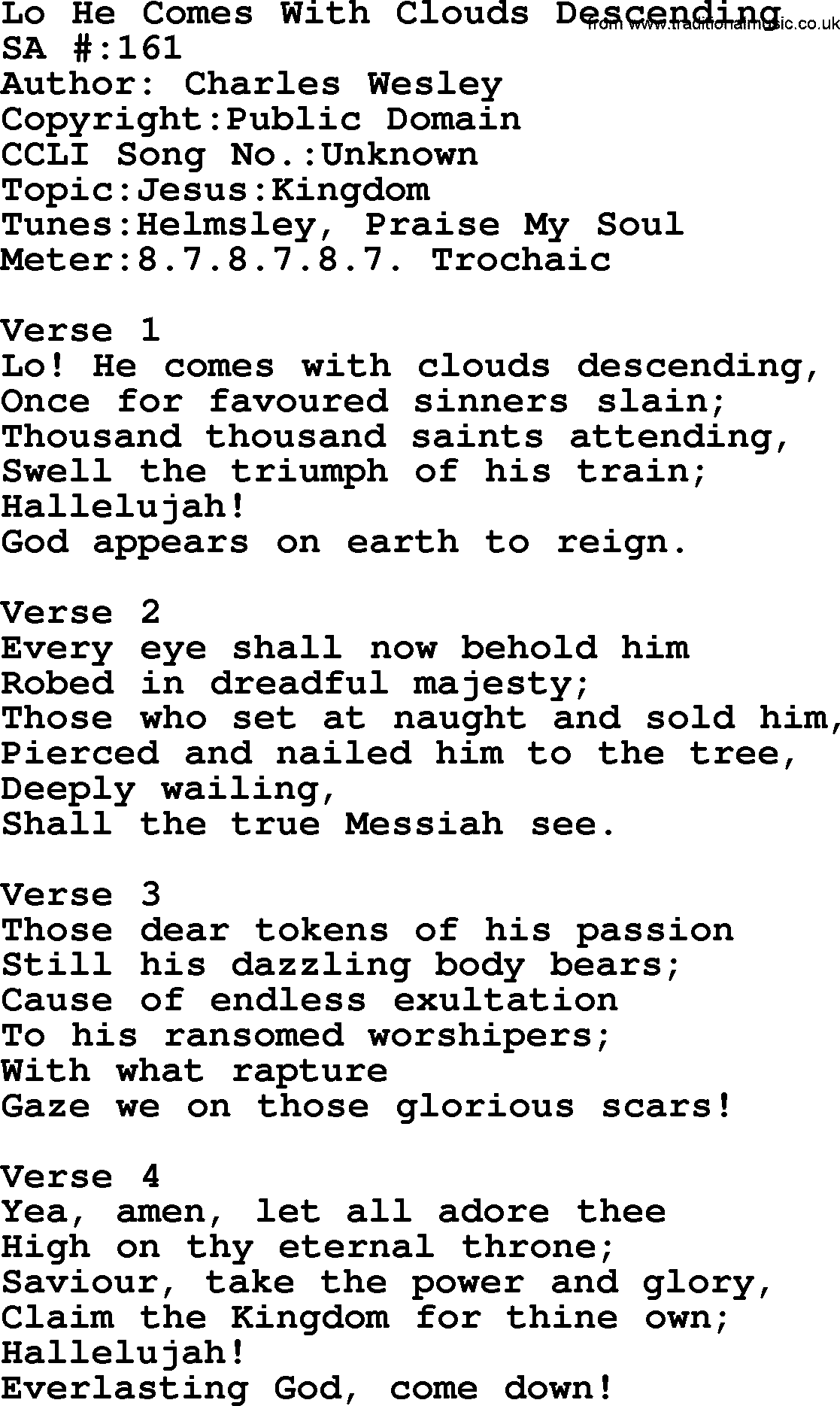 Salvation Army Hymnal, title: Lo He Comes With Clouds Descending, with lyrics and PDF,