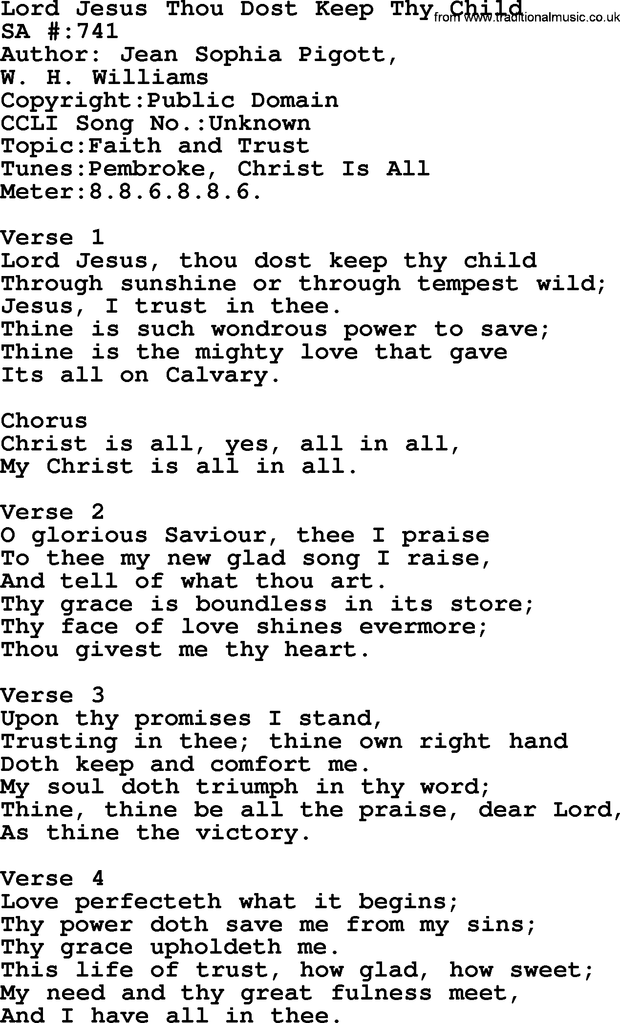 Salvation Army Hymnal, title: Lord Jesus Thou Dost Keep Thy Child, with lyrics and PDF,