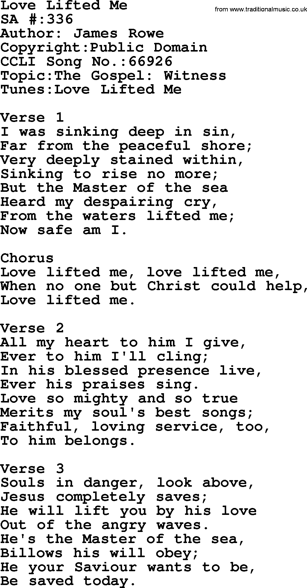 Salvation Army Hymnal, title: Love Lifted Me, with lyrics and PDF,