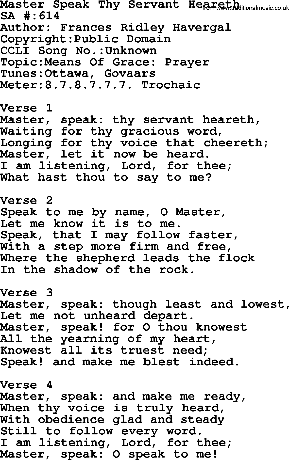 Salvation Army Hymnal, title: Master Speak Thy Servant Heareth, with lyrics and PDF,