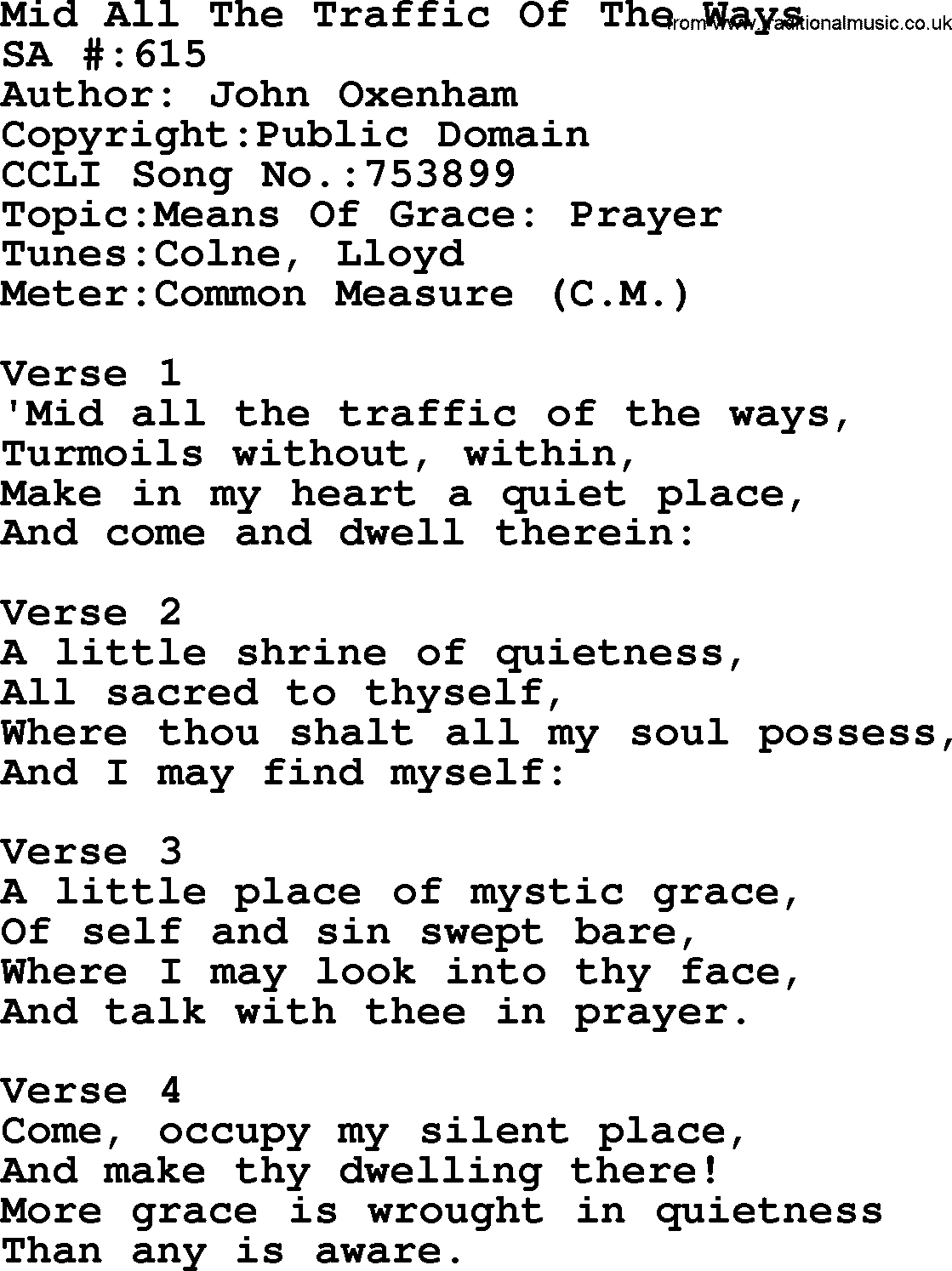 Salvation Army Hymnal, title: Mid All The Traffic Of The Ways, with lyrics and PDF,
