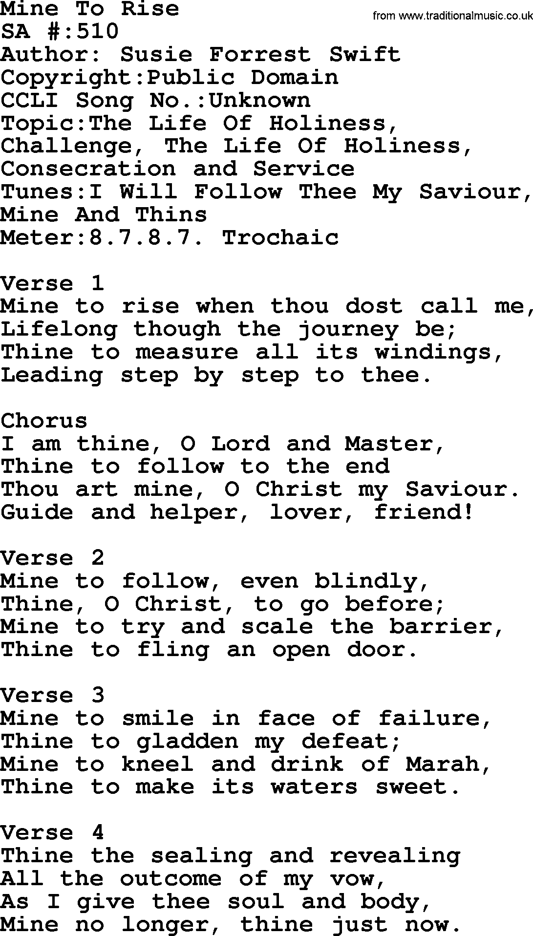Salvation Army Hymnal, title: Mine To Rise, with lyrics and PDF,