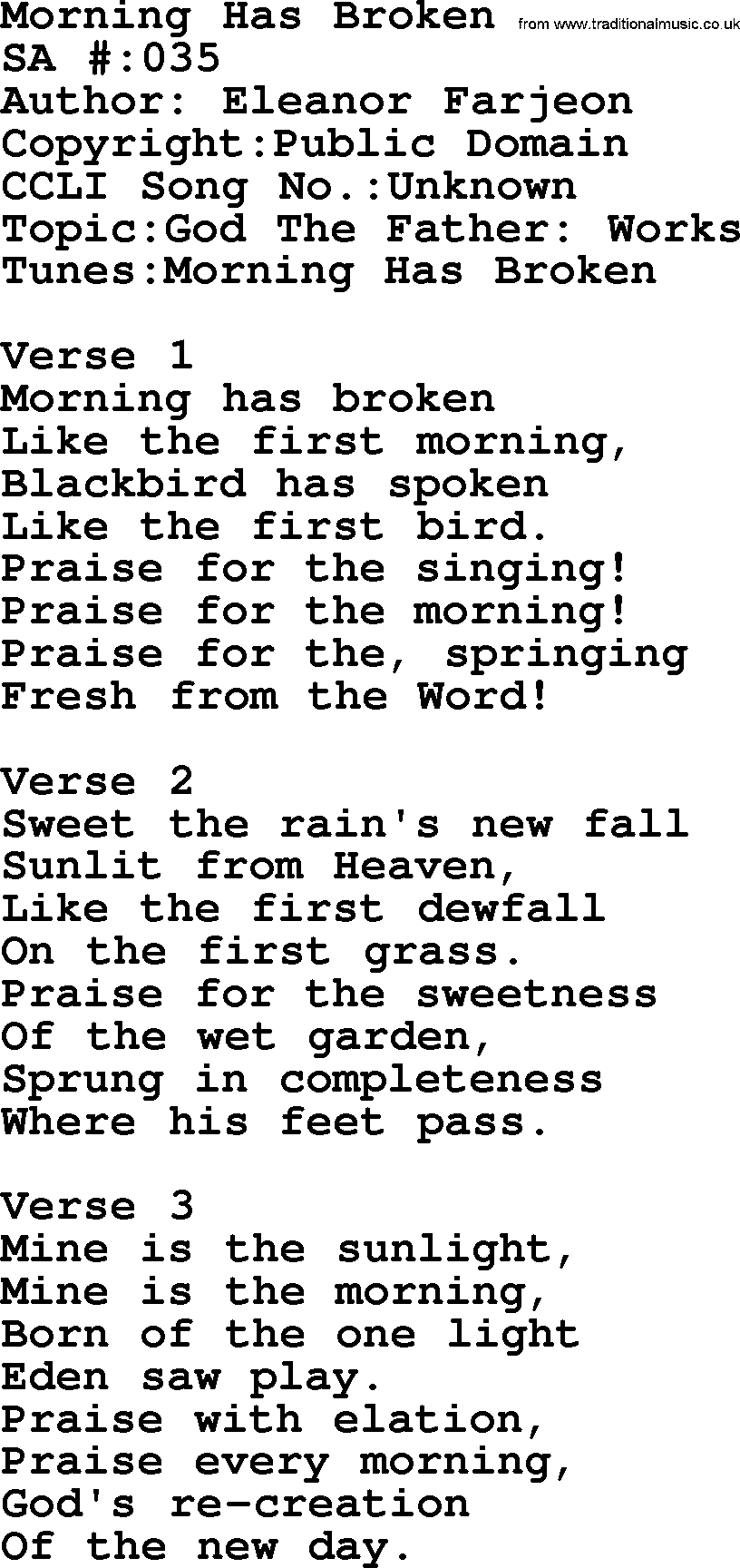 Salvation Army Hymnal, title: Morning Has Broken, with lyrics and PDF,