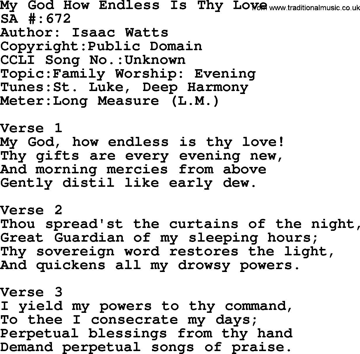 Salvation Army Hymnal, title: My God How Endless Is Thy Love, with lyrics and PDF,