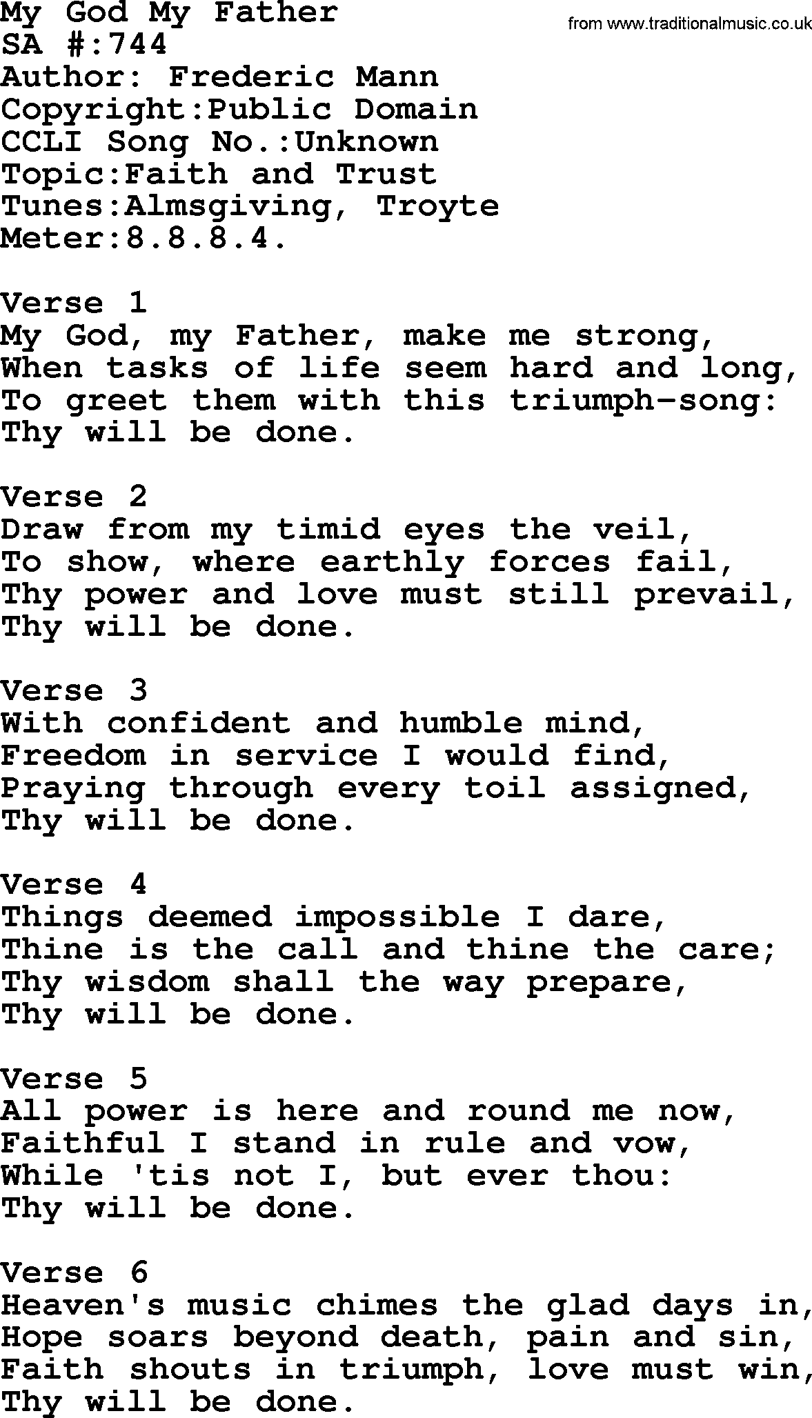 Salvation Army Hymnal, title: My God My Father, with lyrics and PDF,