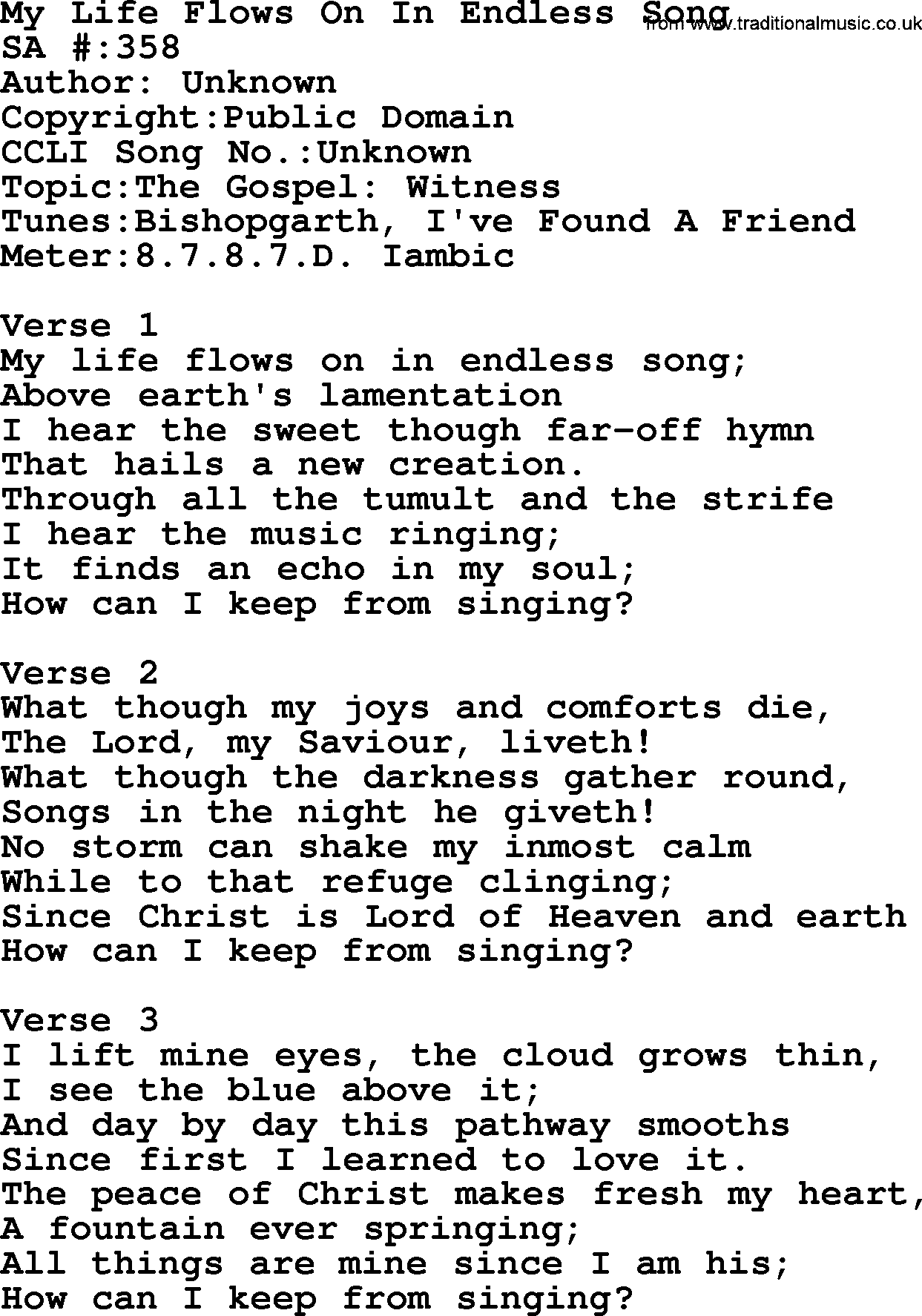 Salvation Army Hymnal, title: My Life Flows On In Endless Song, with lyrics and PDF,