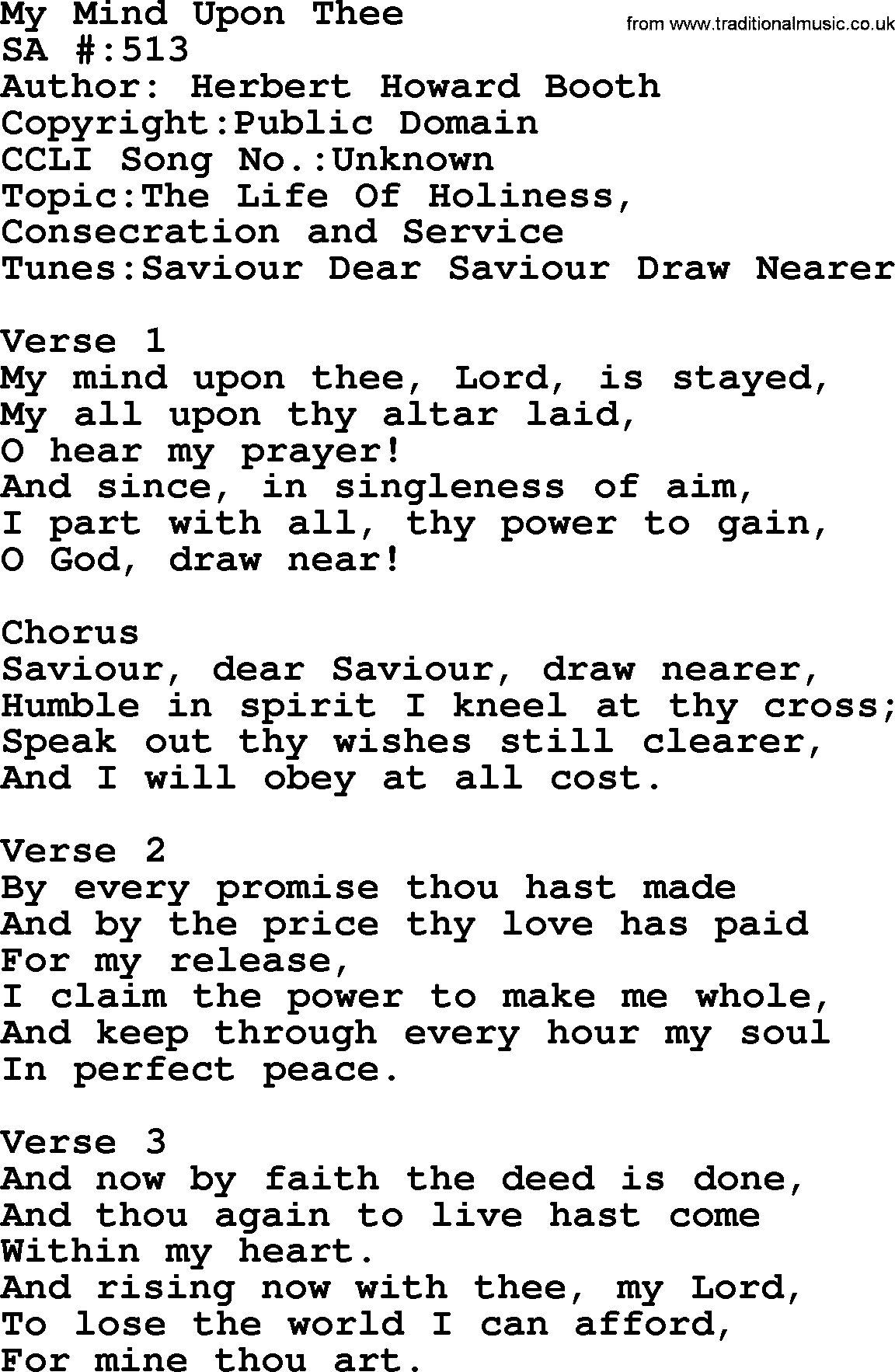Salvation Army Hymnal, title: My Mind Upon Thee, with lyrics and PDF,