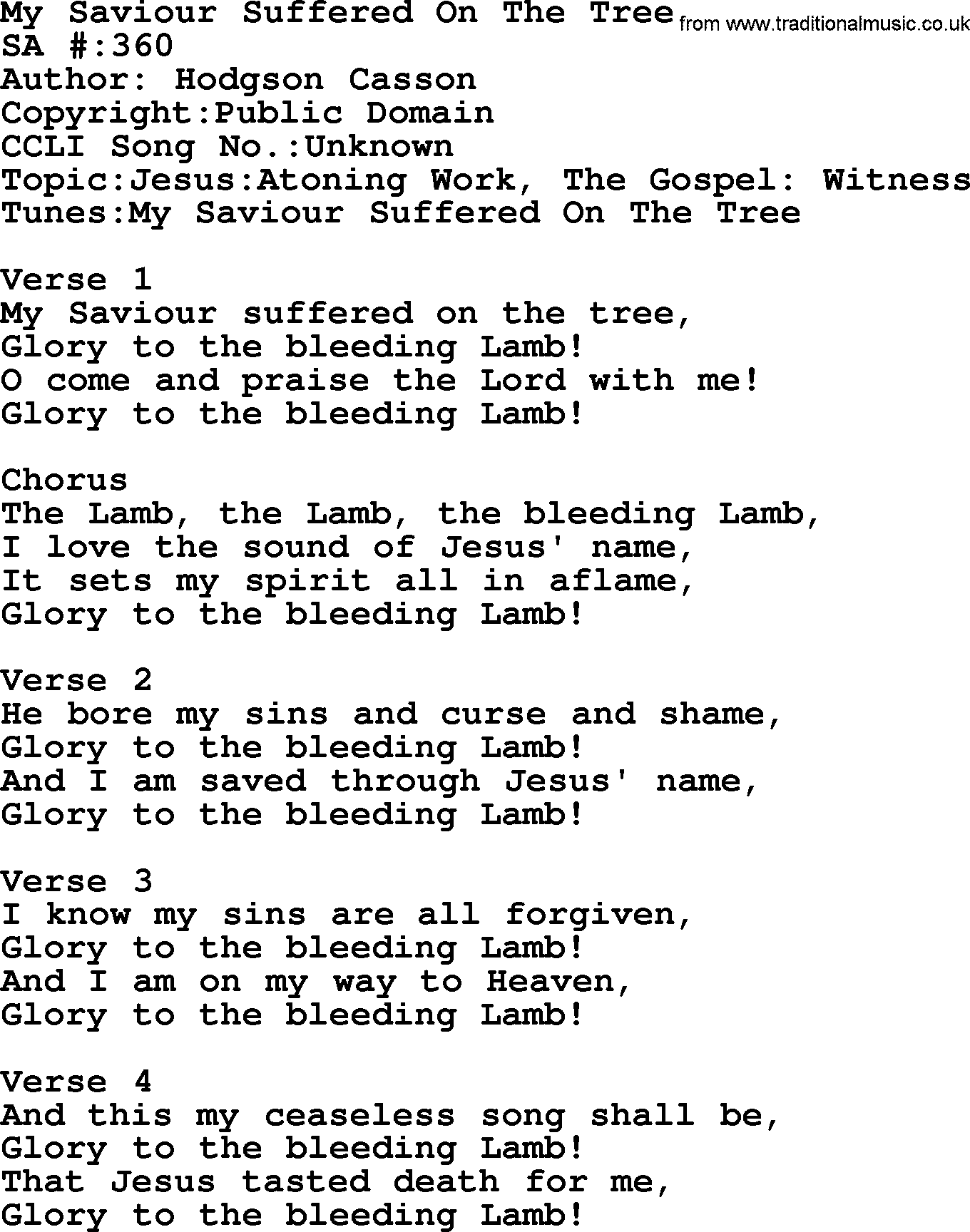Salvation Army Hymnal, title: My Saviour Suffered On The Tree, with lyrics and PDF,