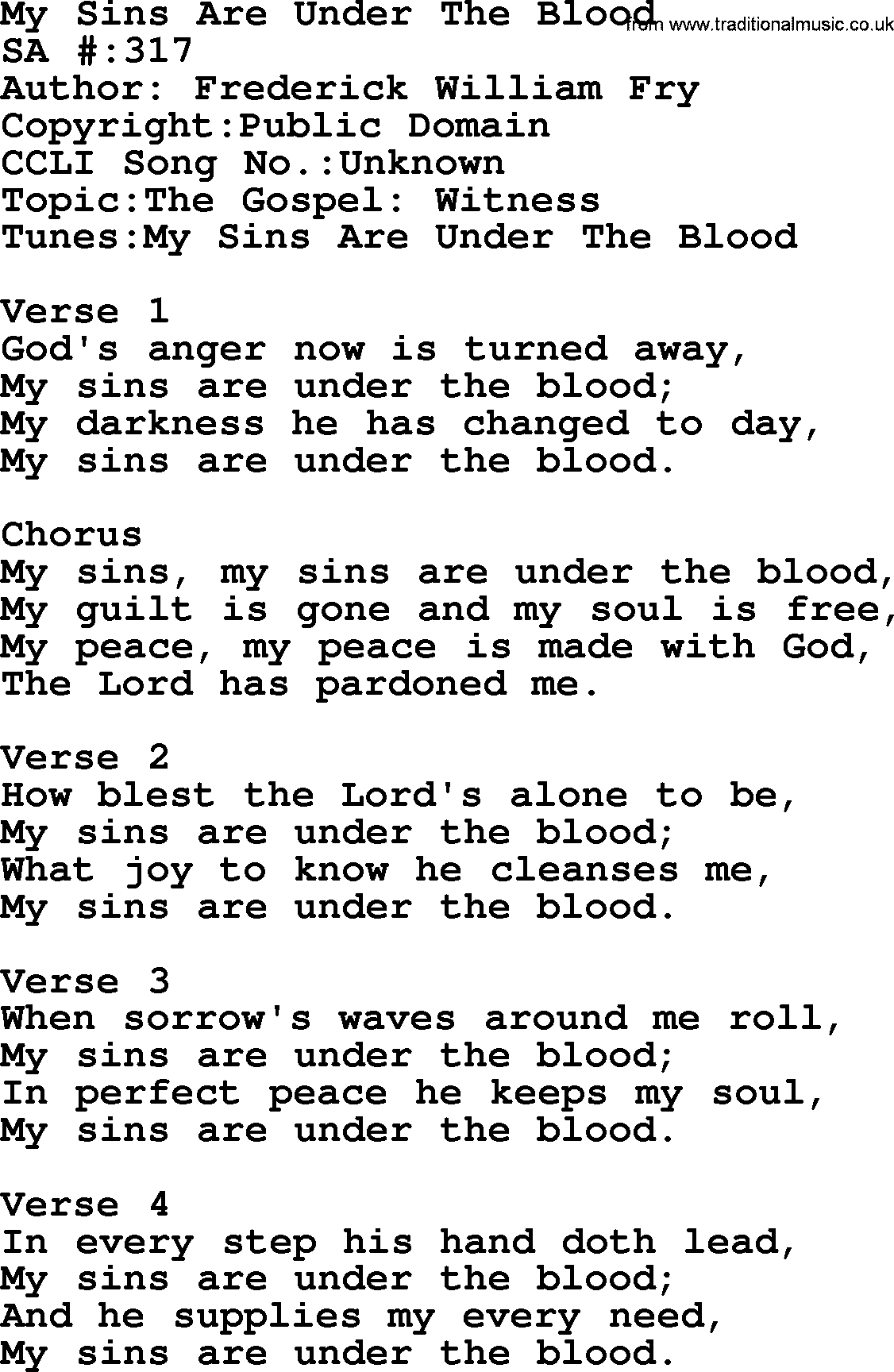 Salvation Army Hymnal, title: My Sins Are Under The Blood, with lyrics and PDF,