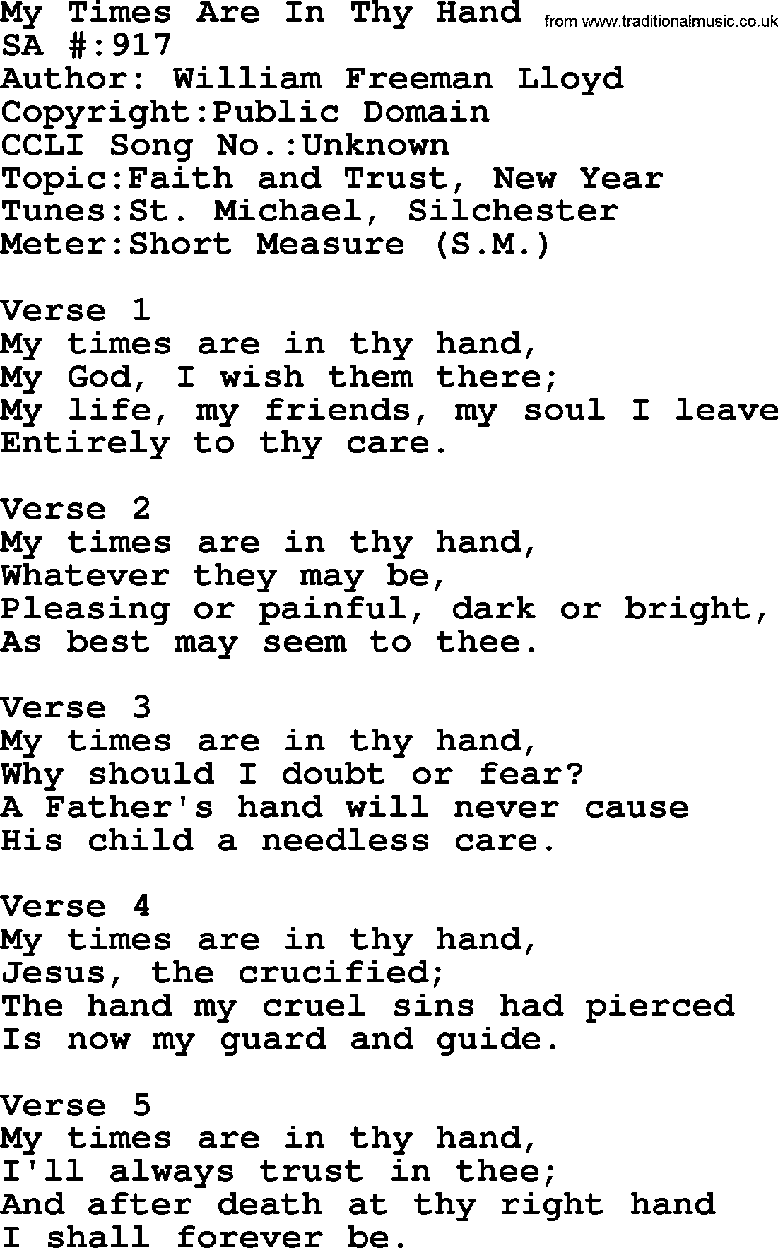 Salvation Army Hymnal, title: My Times Are In Thy Hand, with lyrics and PDF,