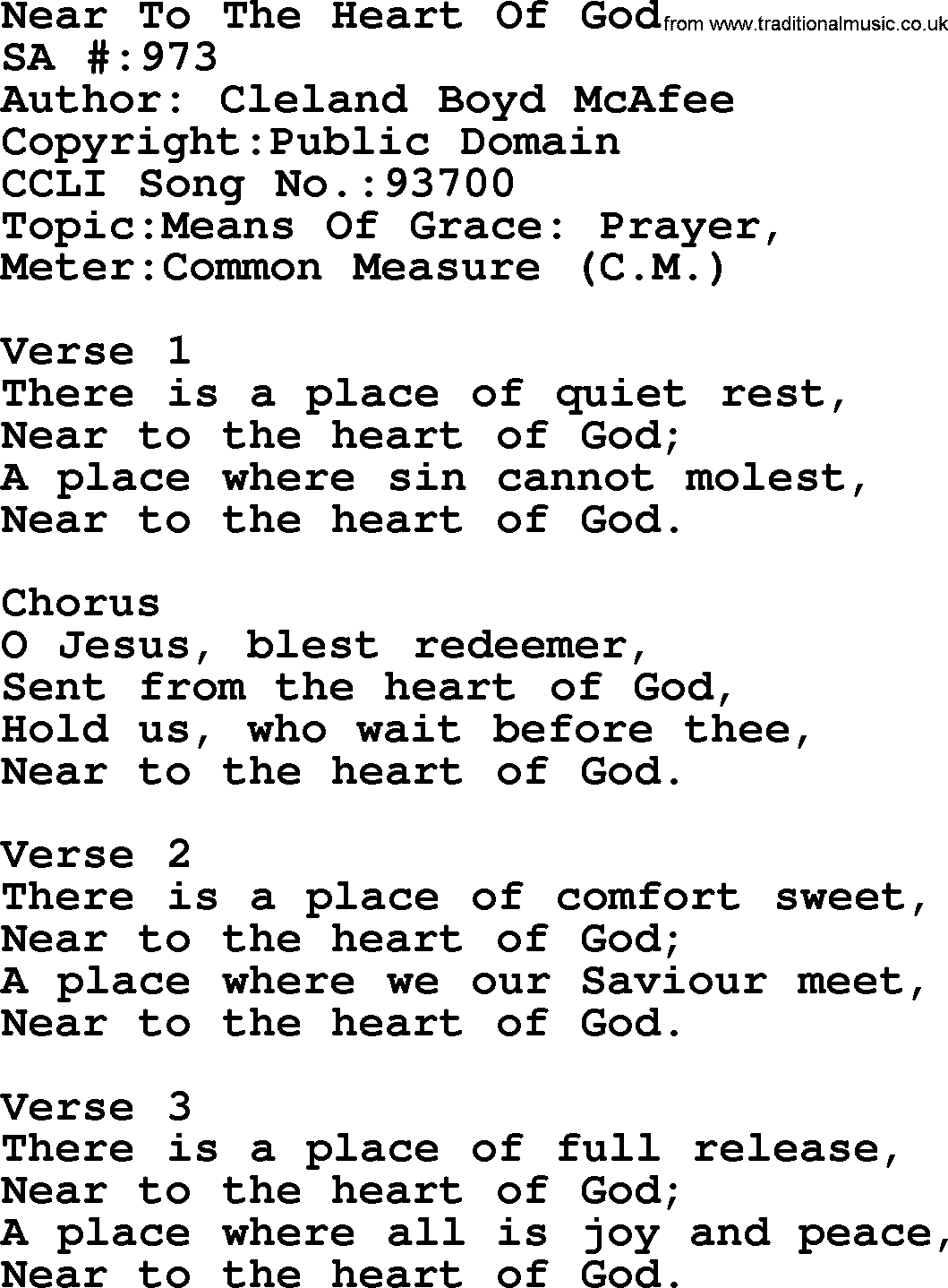 Salvation Army Hymnal, title: Near To The Heart Of God, with lyrics and PDF,