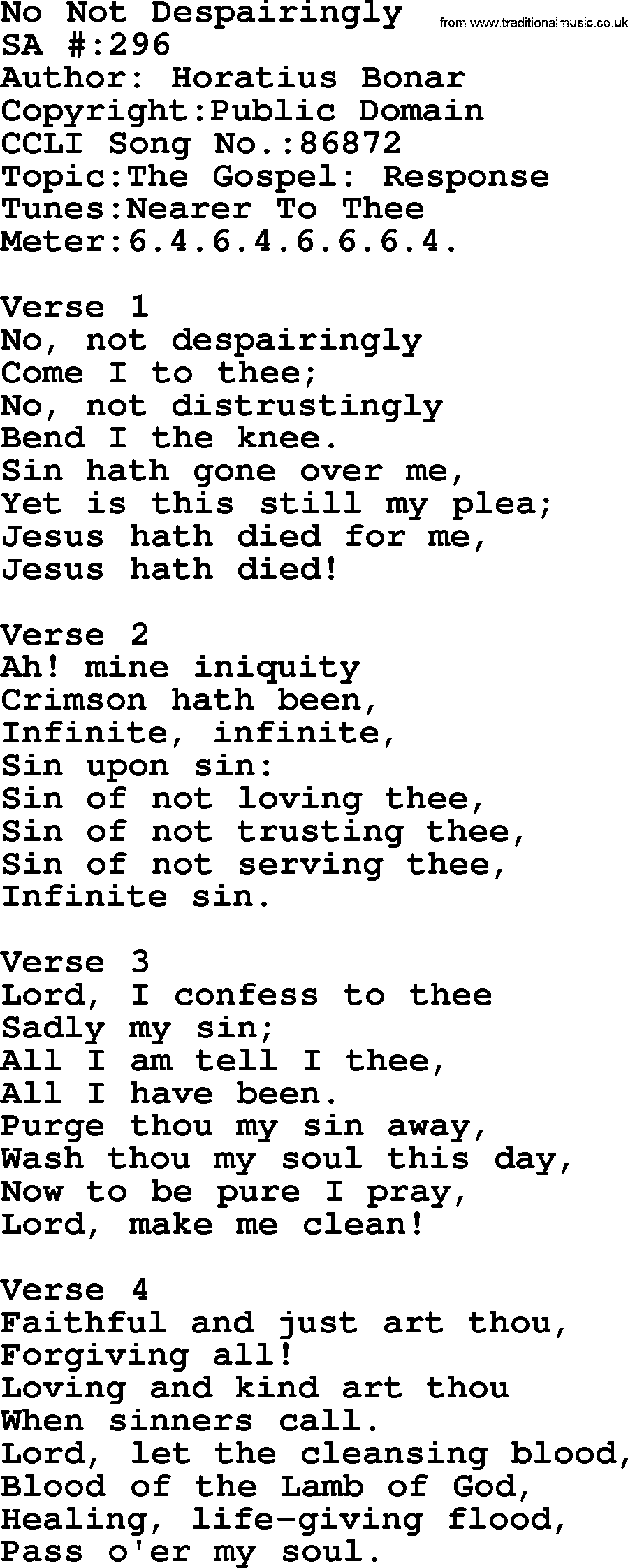 Salvation Army Hymnal, title: No Not Despairingly, with lyrics and PDF,