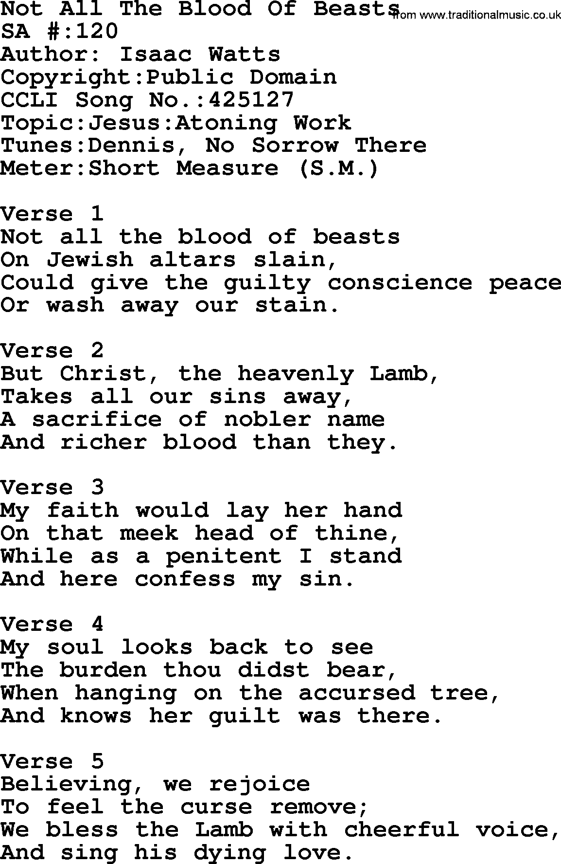 Salvation Army Hymnal, title: Not All The Blood Of Beasts, with lyrics and PDF,