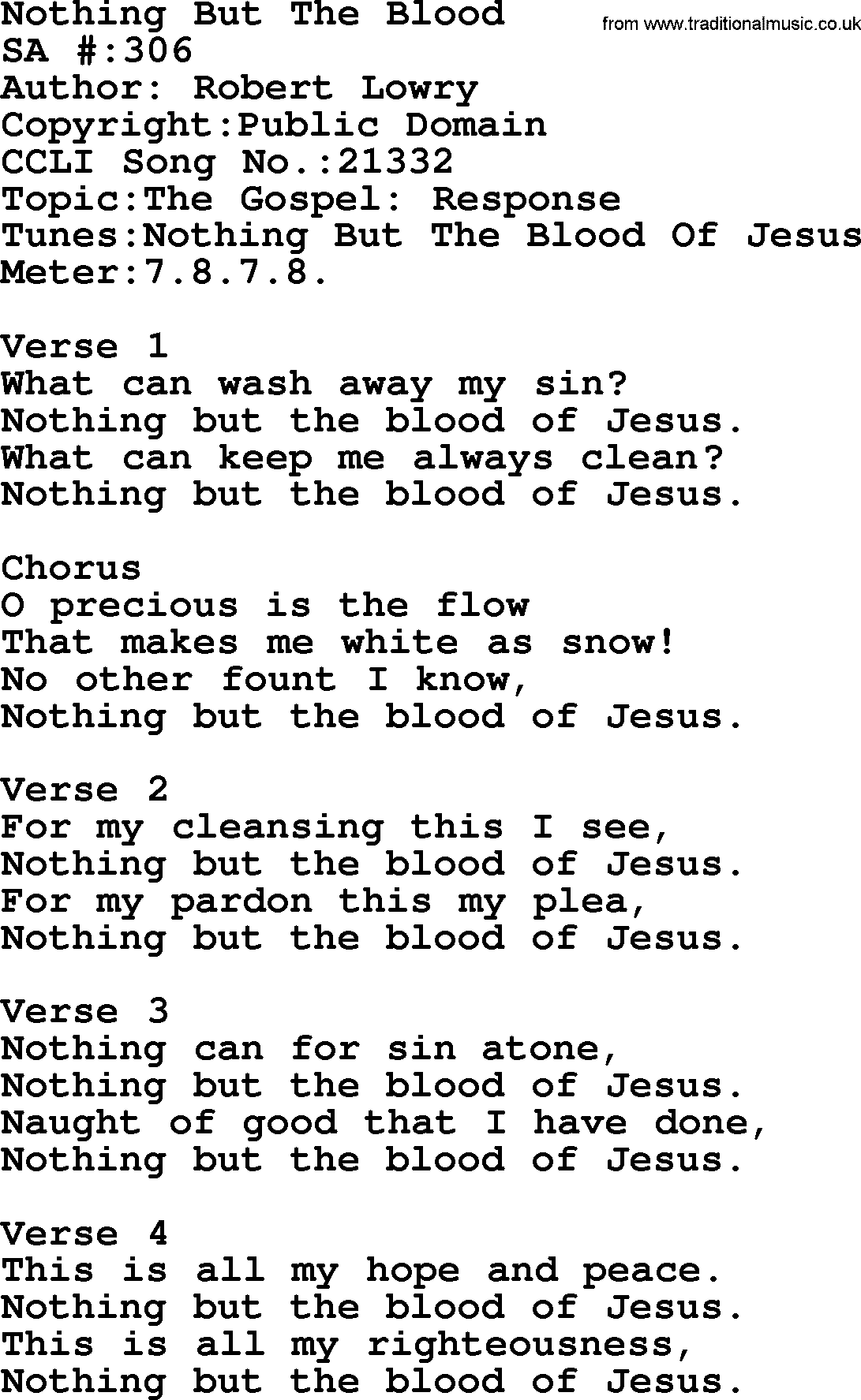 Salvation Army Hymnal, title: Nothing But The Blood, with lyrics and PDF,