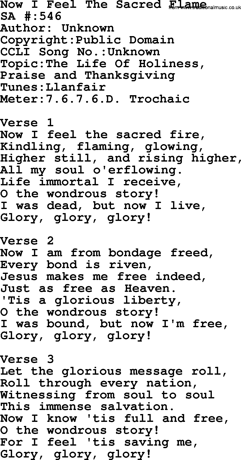 Salvation Army Hymnal, title: Now I Feel The Sacred Flame, with lyrics and PDF,