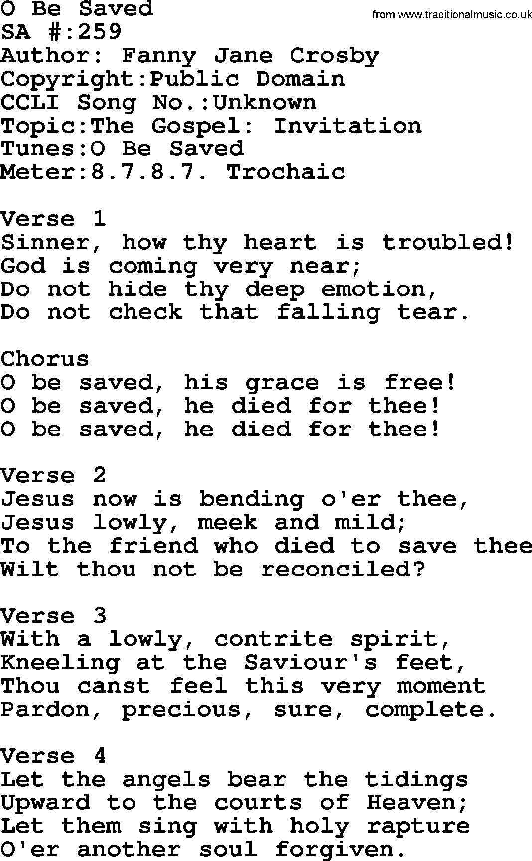 Salvation Army Hymnal, title: O Be Saved, with lyrics and PDF,