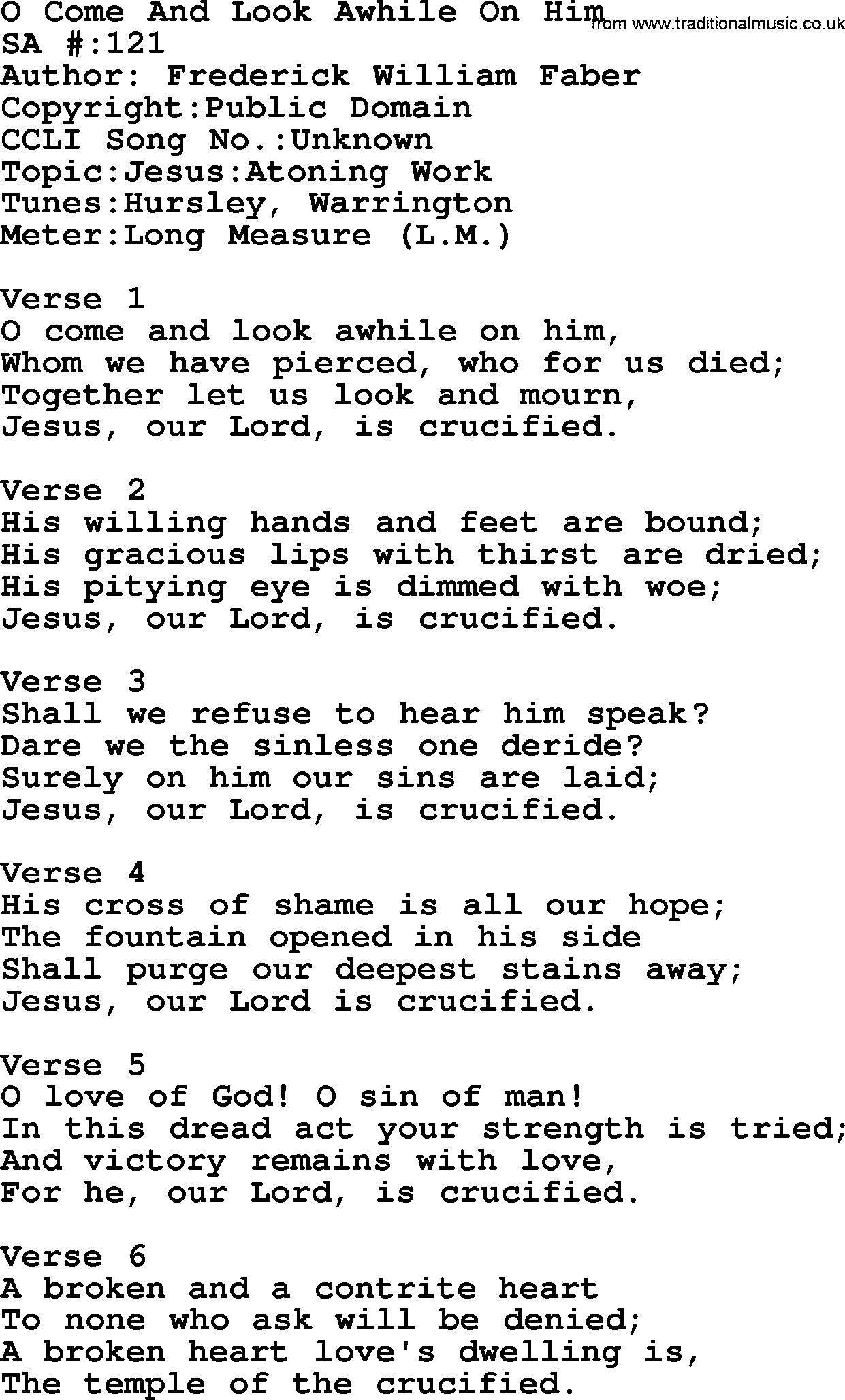 Salvation Army Hymnal, title: O Come And Look Awhile On Him, with lyrics and PDF,