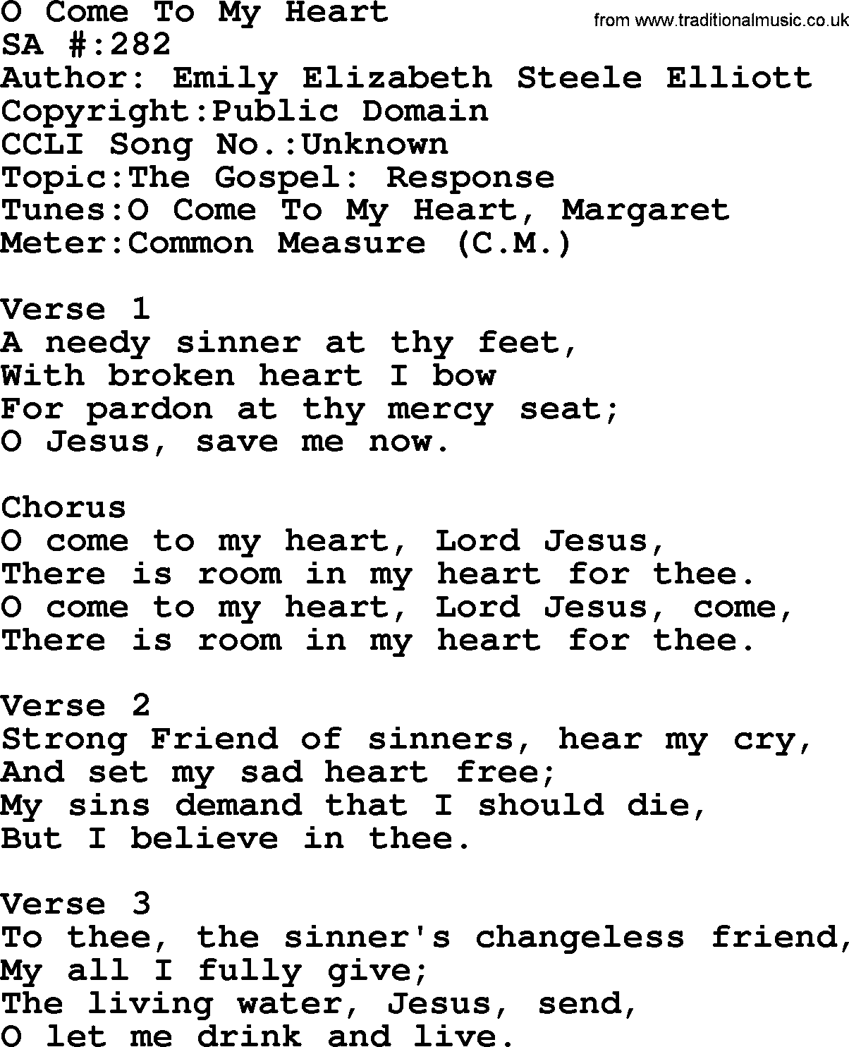 Salvation Army Hymnal, title: O Come To My Heart, with lyrics and PDF,