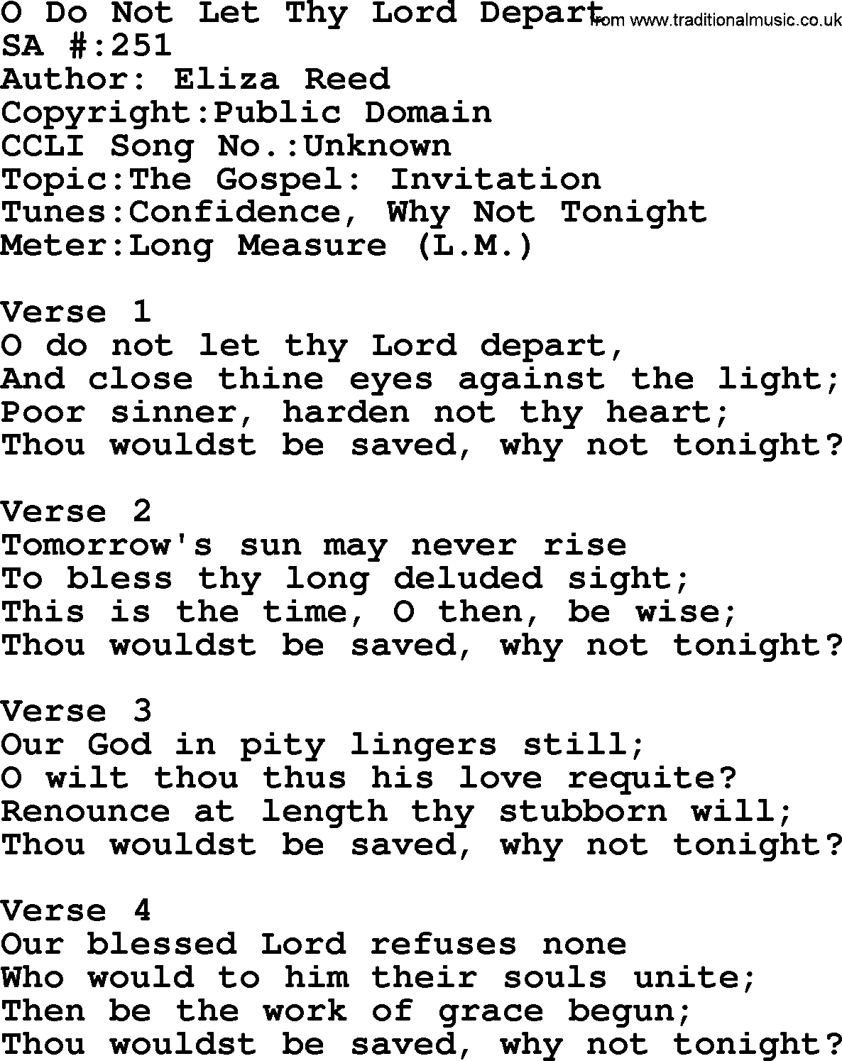 Salvation Army Hymnal, title: O Do Not Let Thy Lord Depart, with lyrics and PDF,