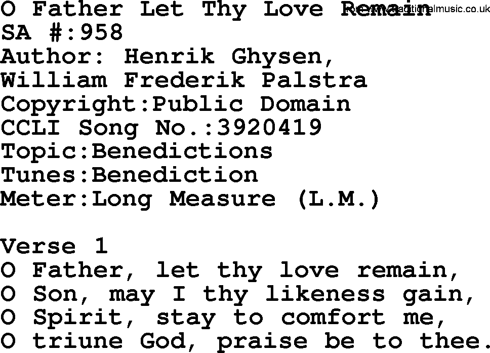Salvation Army Hymnal, title: O Father Let Thy Love Remain, with lyrics and PDF,