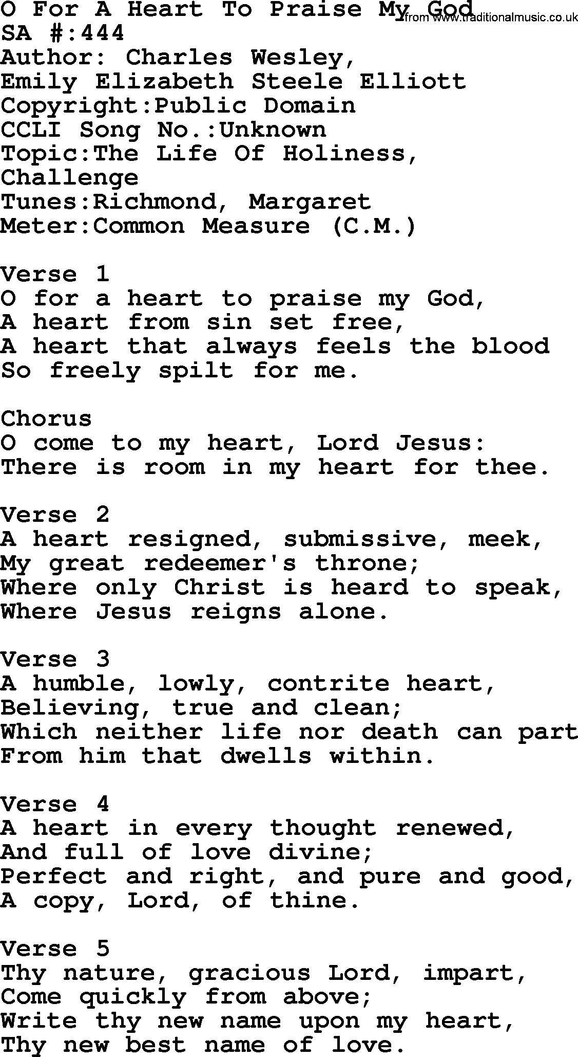 Salvation Army Hymnal, title: O For A Heart To Praise My God, with lyrics and PDF,