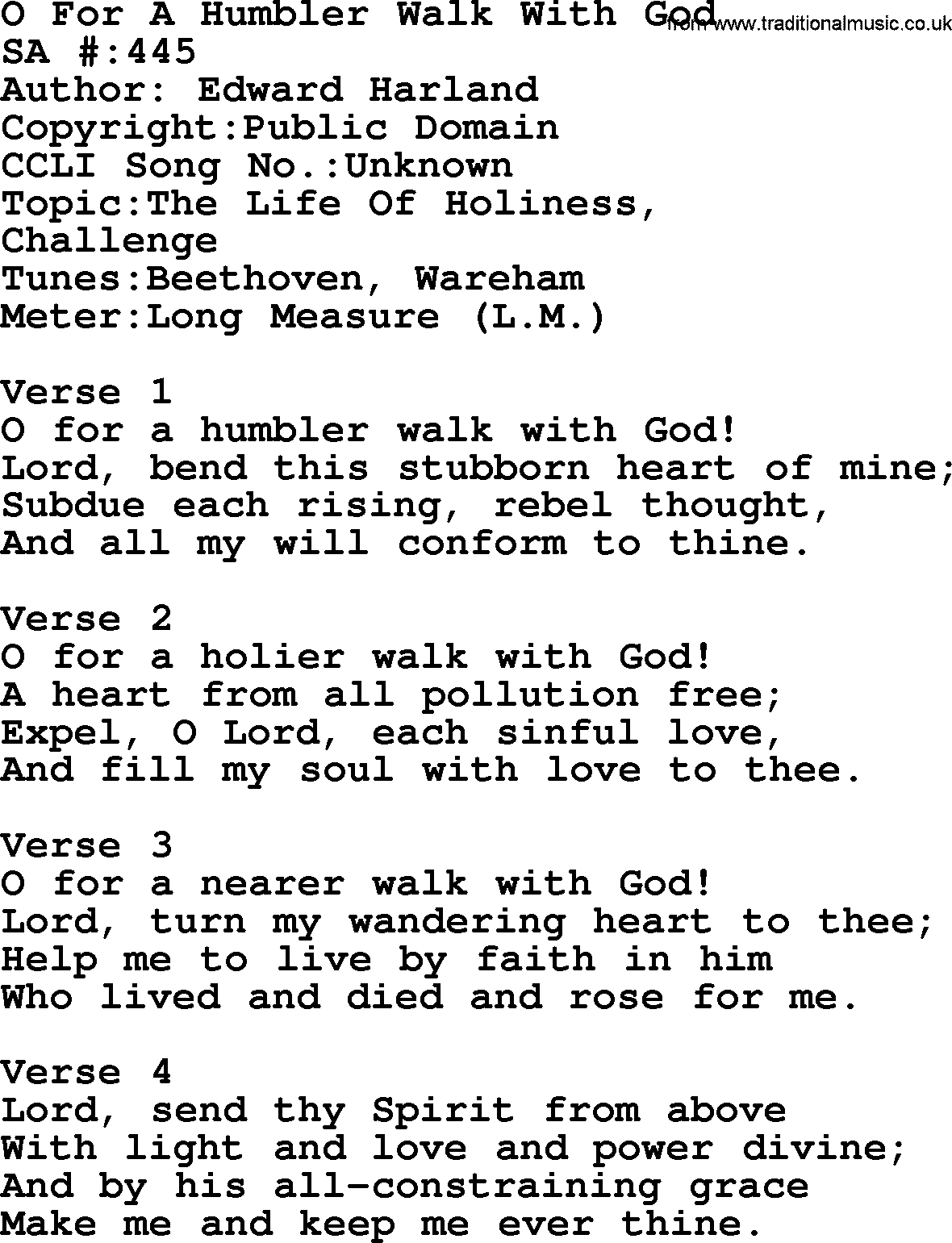 Salvation Army Hymnal, title: O For A Humbler Walk With God, with lyrics and PDF,