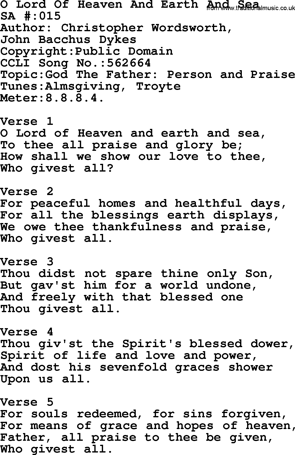 Salvation Army Hymnal, title: O Lord Of Heaven And Earth And Sea, with lyrics and PDF,