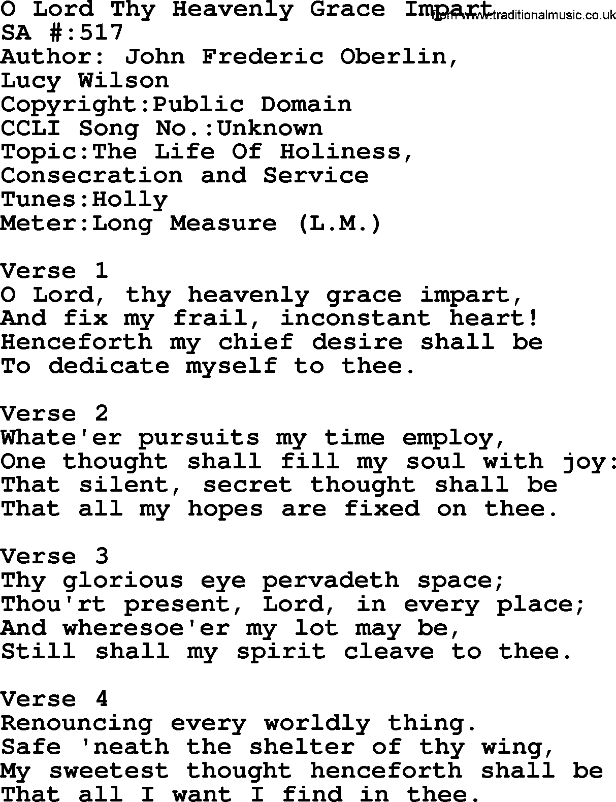 Salvation Army Hymnal, title: O Lord Thy Heavenly Grace Impart, with lyrics and PDF,