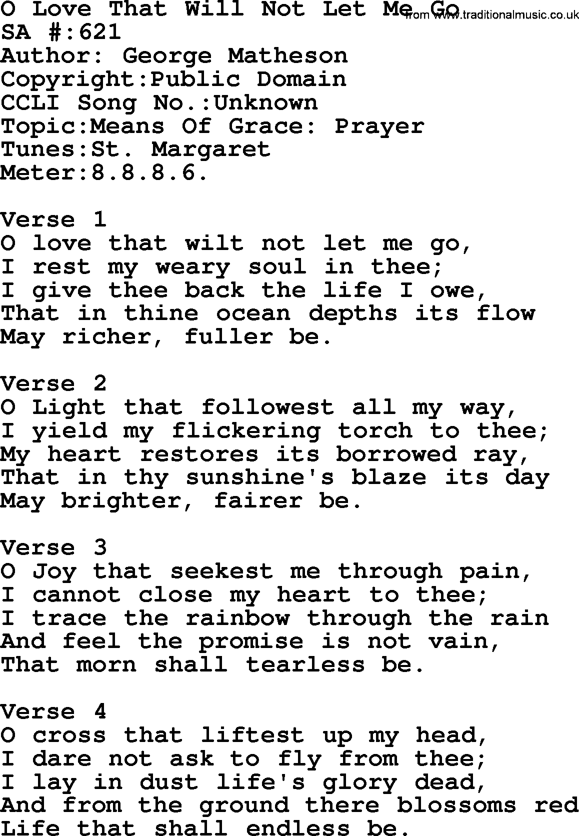 Salvation Army Hymnal, title: O Love That Will Not Let Me Go, with lyrics and PDF,