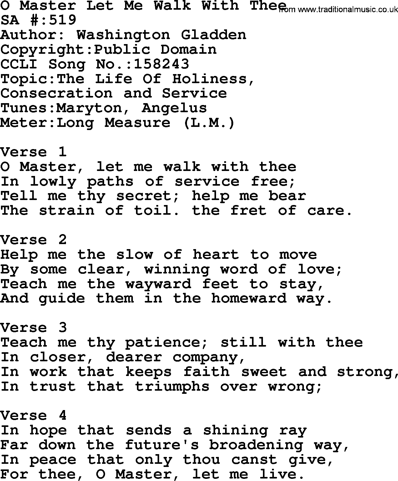 Salvation Army Hymnal, title: O Master Let Me Walk With Thee, with lyrics and PDF,