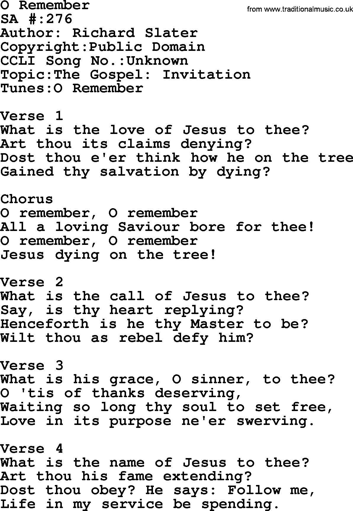 Salvation Army Hymnal, title: O Remember, with lyrics and PDF,