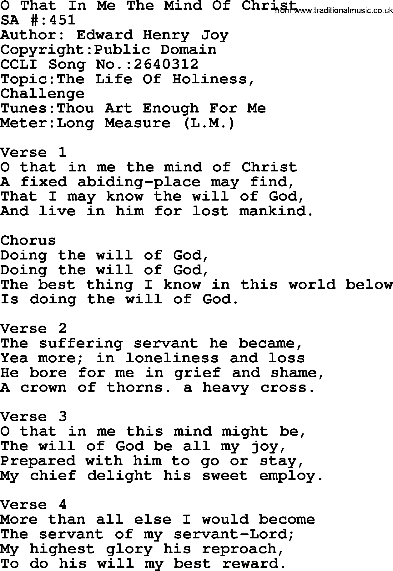 Salvation Army Hymnal, title: O That In Me The Mind Of Christ, with lyrics and PDF,