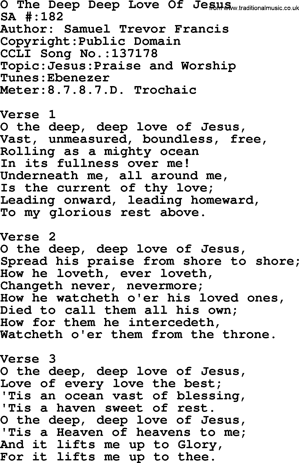 Salvation Army Hymnal, title: O The Deep Deep Love Of Jesus, with lyrics and PDF,