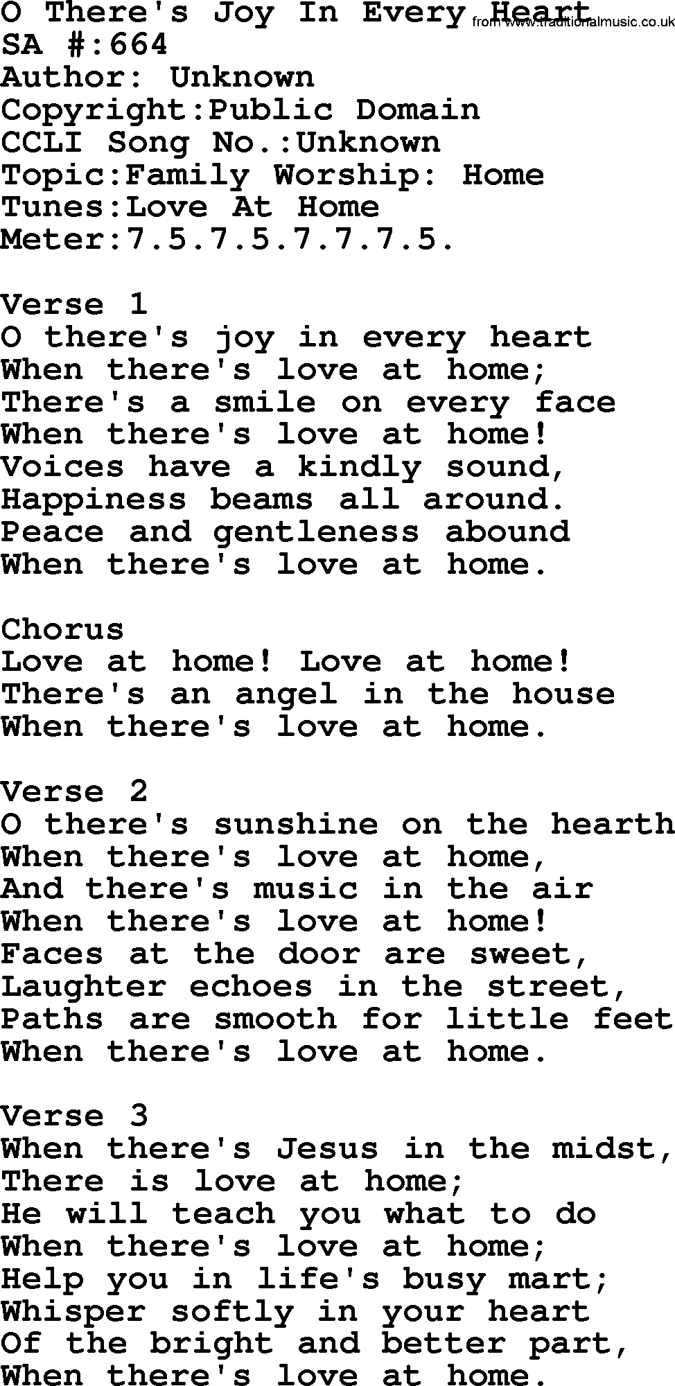 Salvation Army Hymnal, title: O There's Joy In Every Heart, with lyrics and PDF,