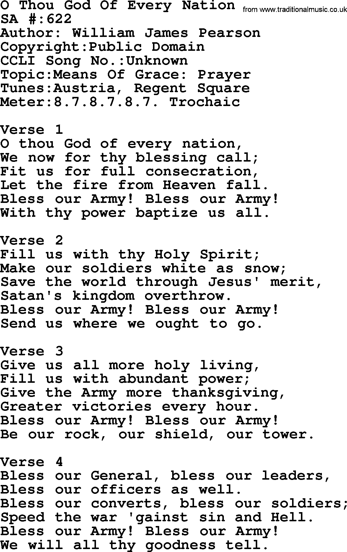 Salvation Army Hymnal, title: O Thou God Of Every Nation, with lyrics and PDF,