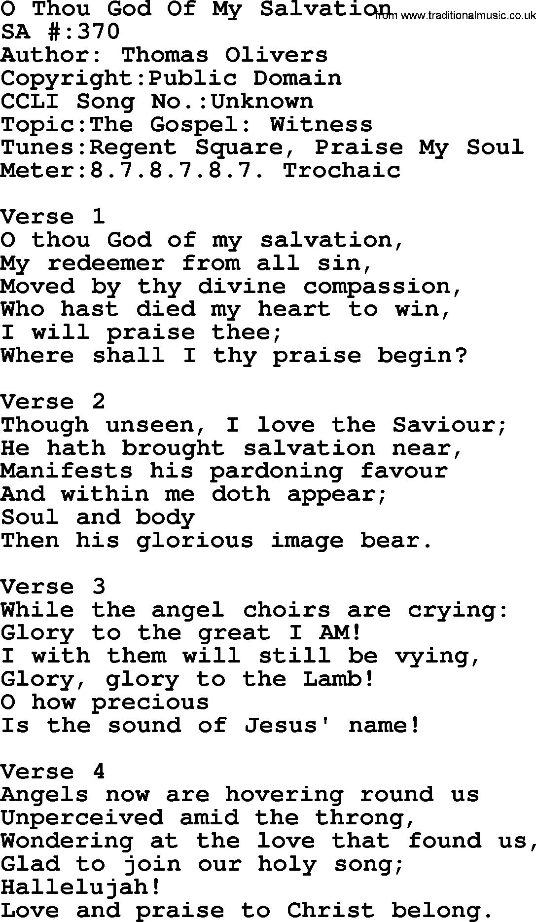 Salvation Army Hymnal, title: O Thou God Of My Salvation, with lyrics and PDF,