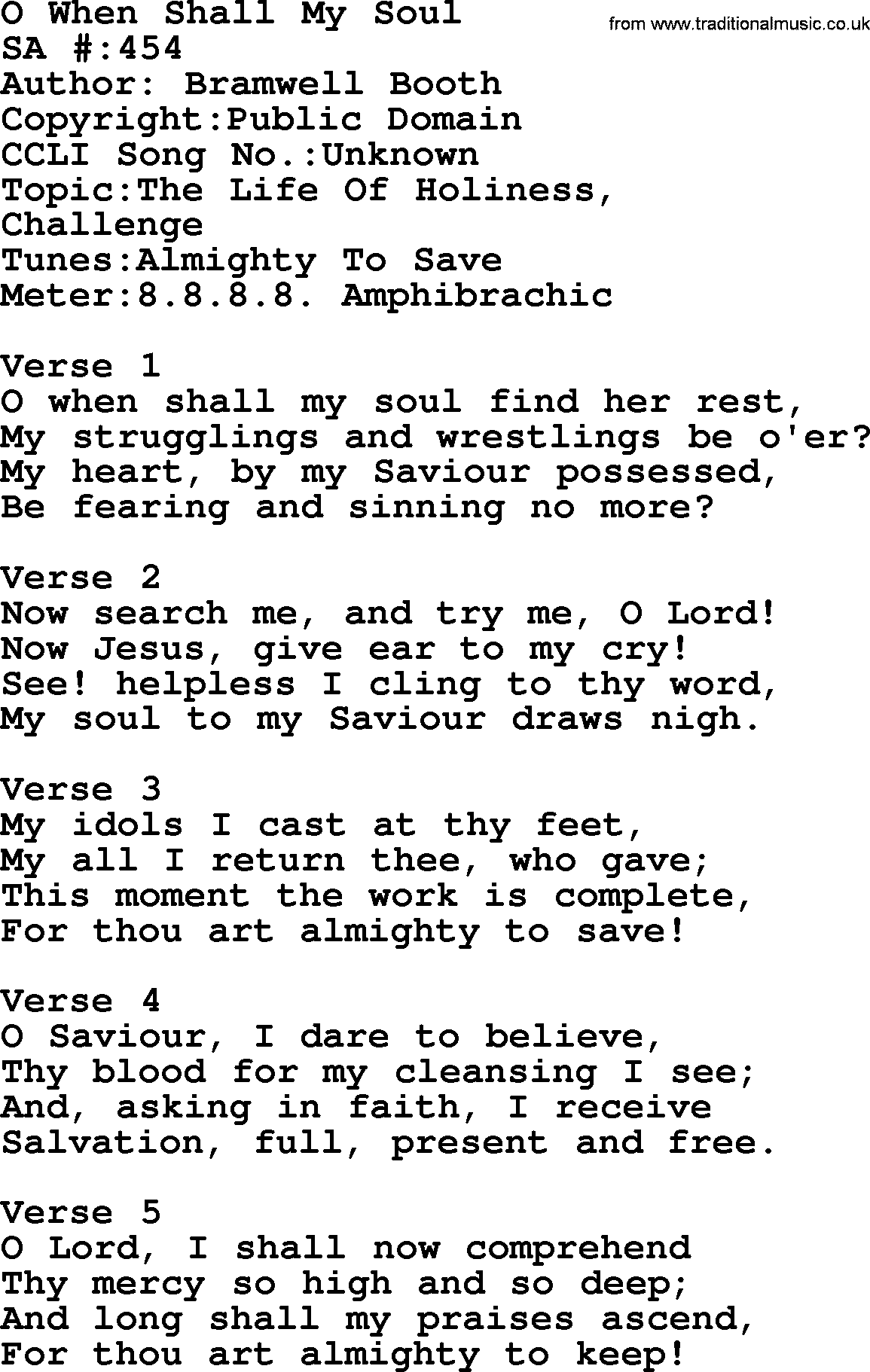 Salvation Army Hymnal, title: O When Shall My Soul, with lyrics and PDF,