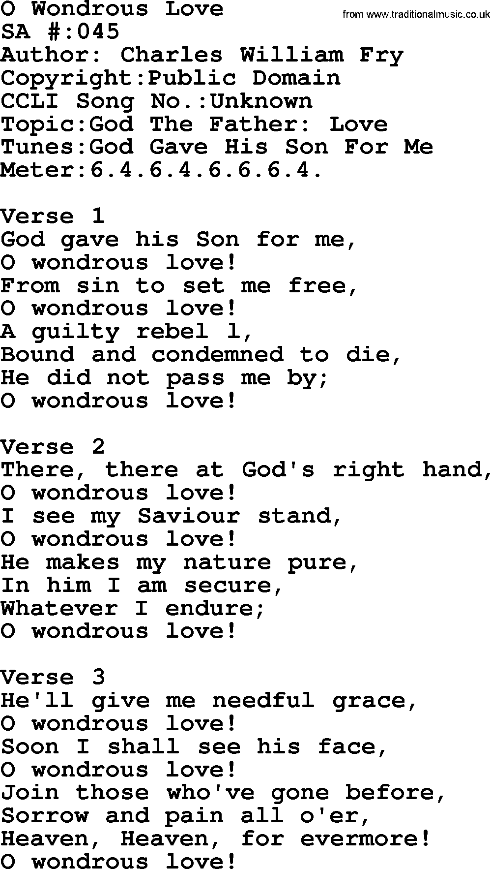Salvation Army Hymnal, title: O Wondrous Love, with lyrics and PDF,