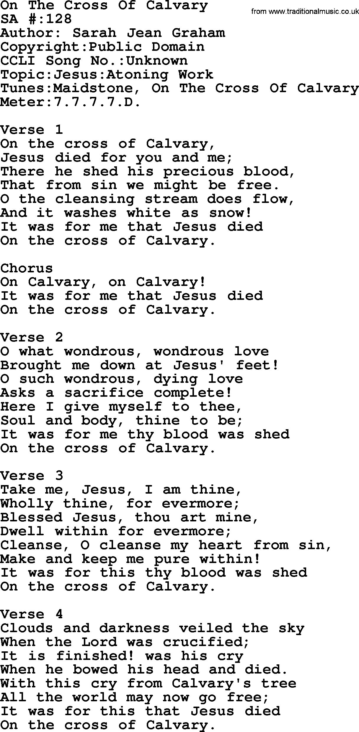 Salvation Army Hymnal, title: On The Cross Of Calvary, with lyrics and PDF,