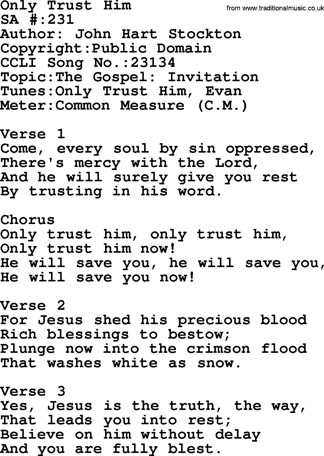 Salvation Army Hymnal, title: Only Trust Him, with lyrics and PDF,