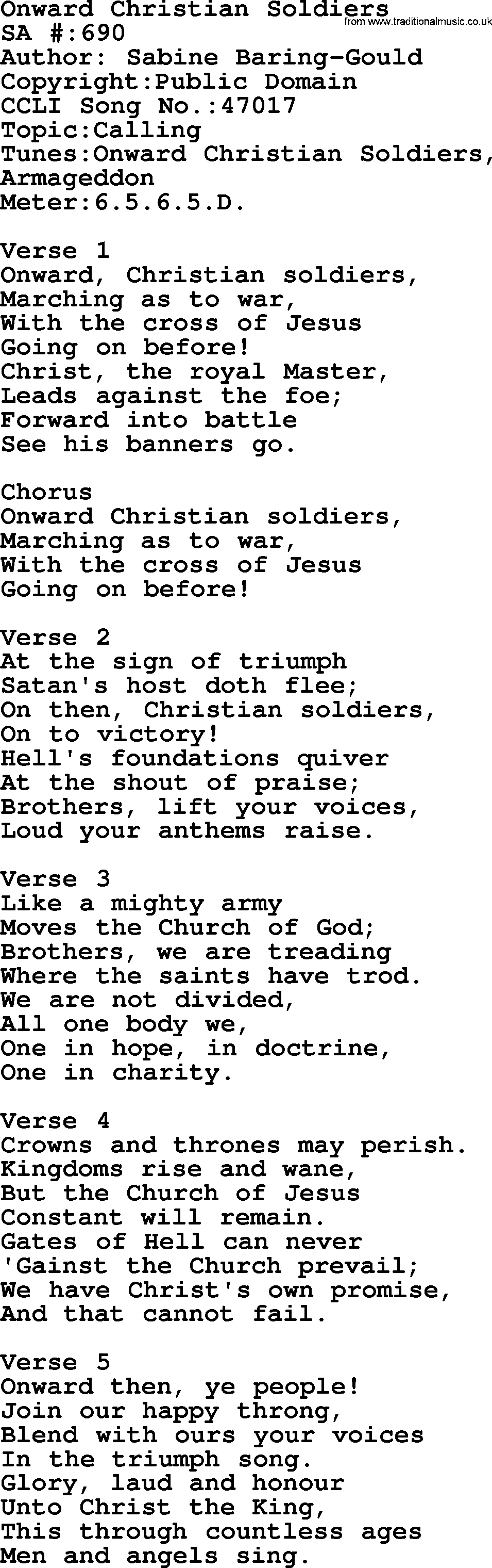 Salvation Army Hymnal, title: Onward Christian Soldiers, with lyrics and PDF,